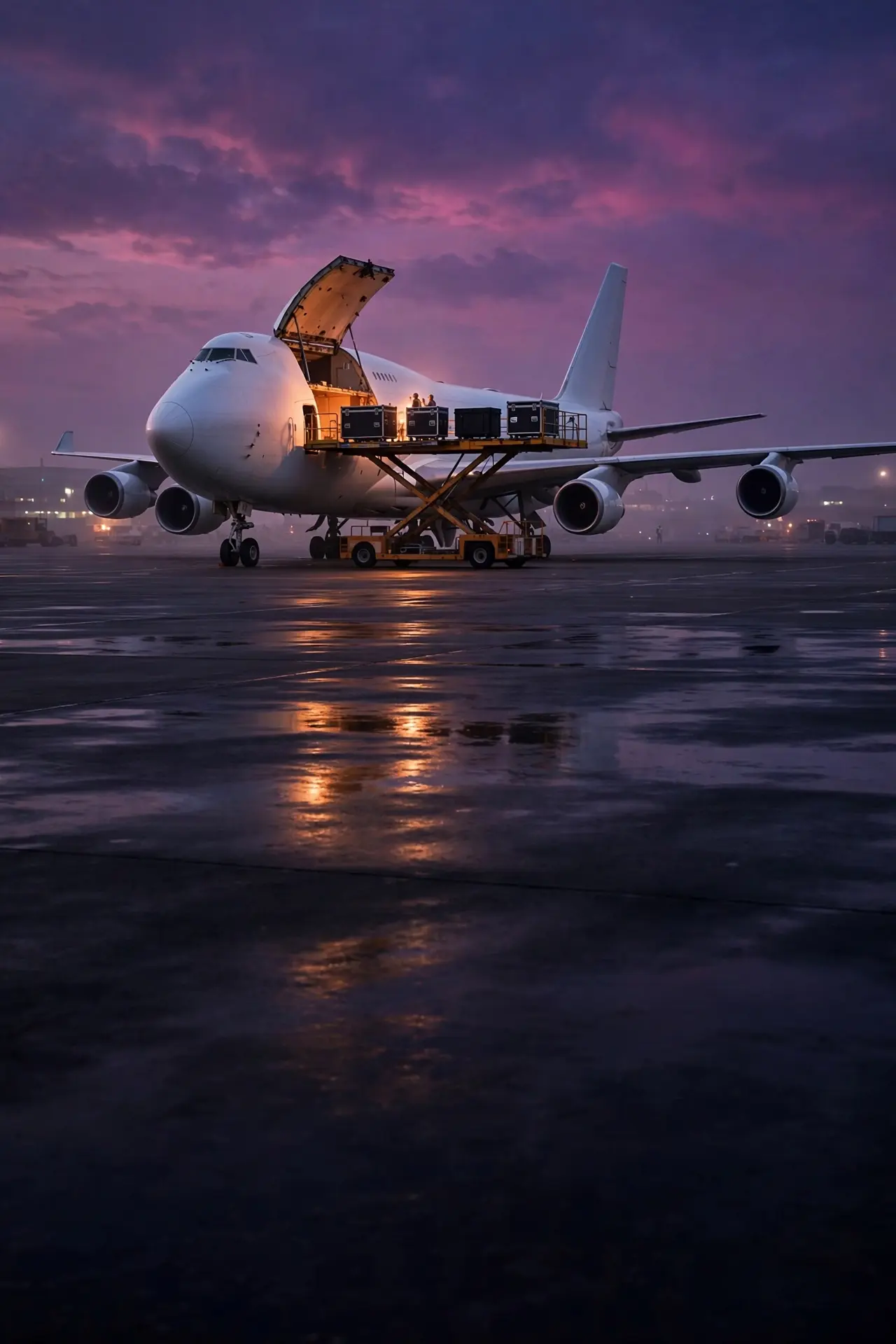 Cargo aircraft loading at night