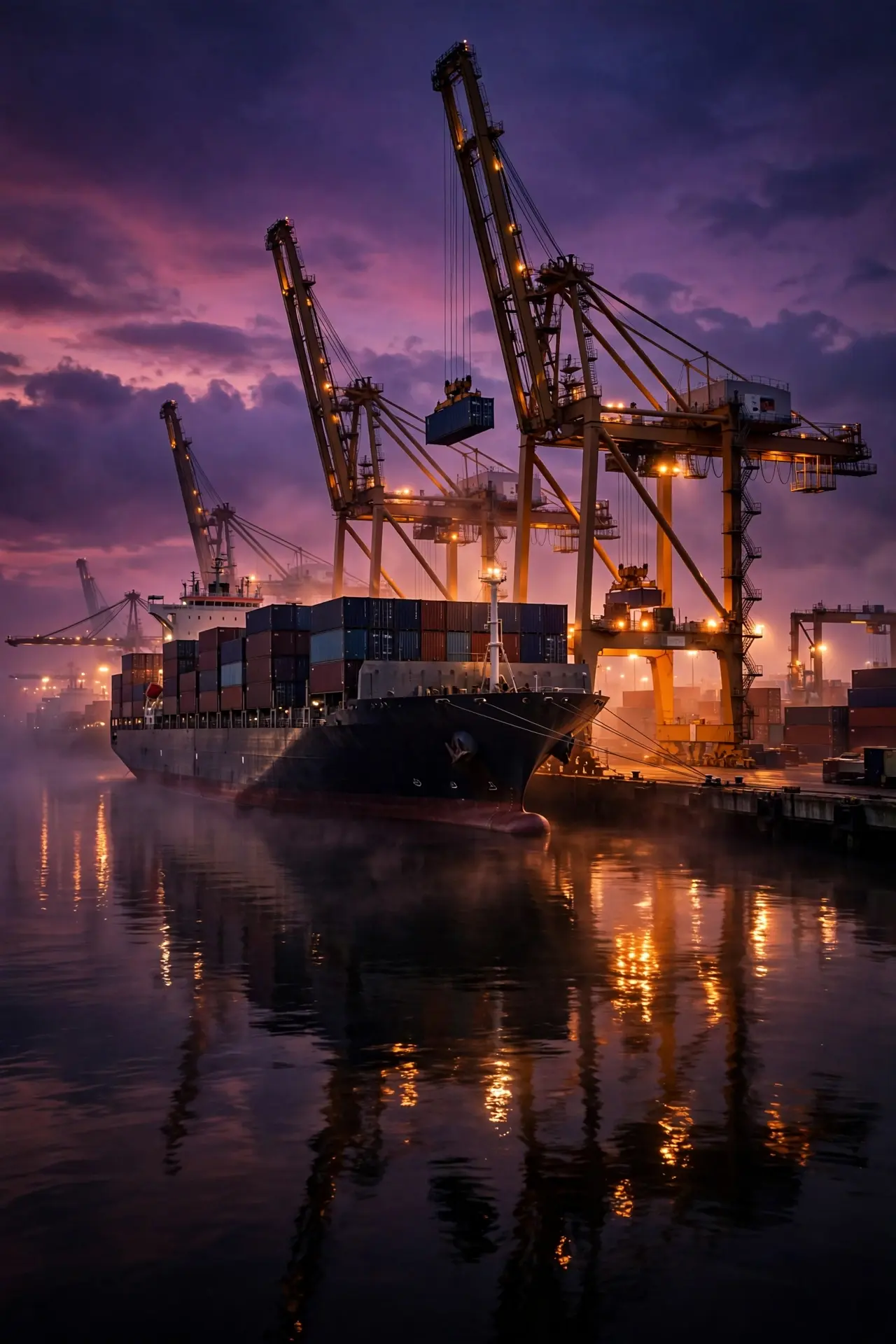 Container cranes at a port at dusk