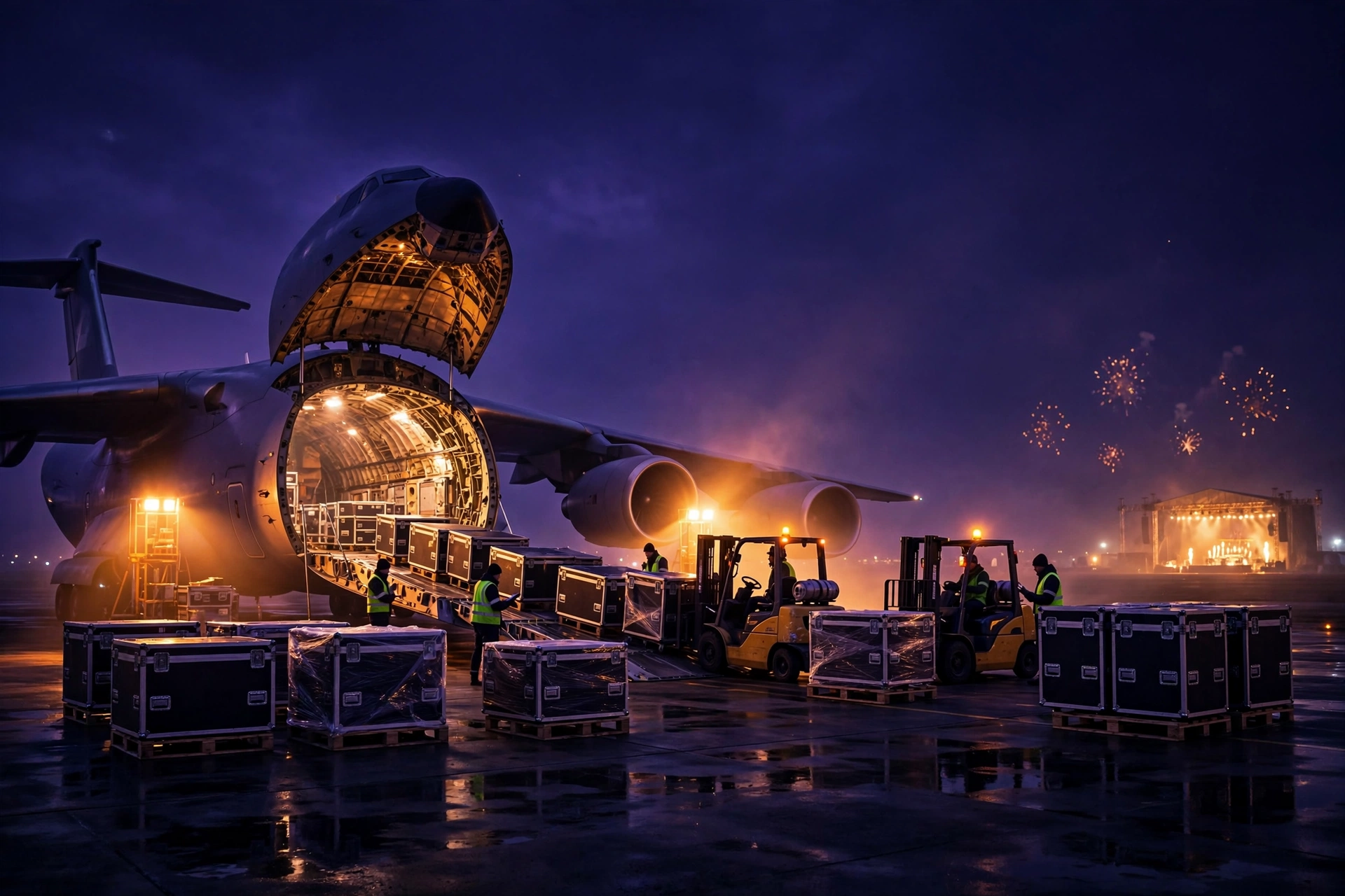 Fireworks lighting the night sky above an arena